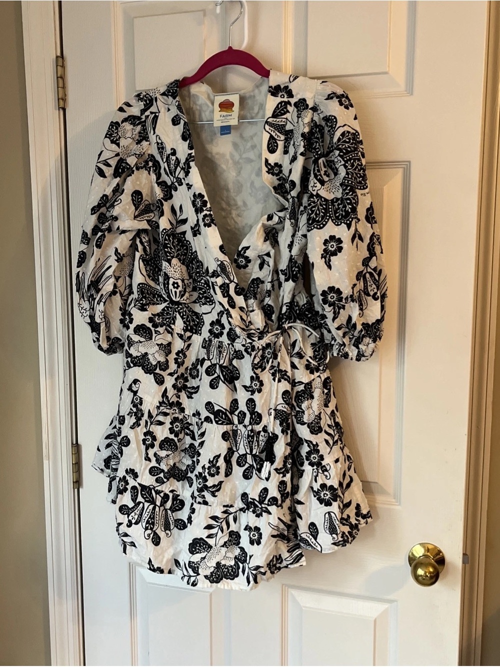 FARM Rio White and Black Floral Wrap Romper Dress